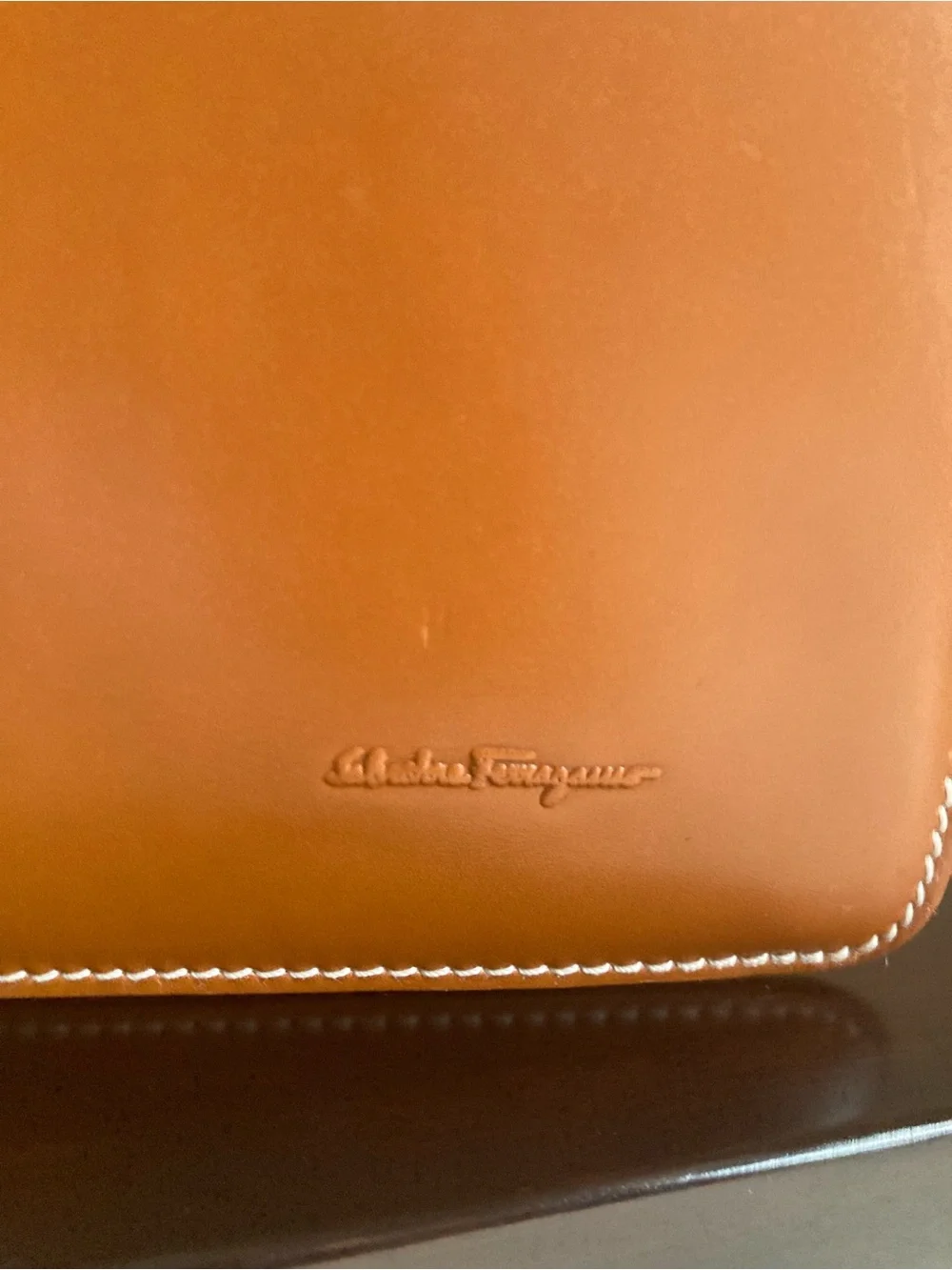 Salvatore Ferragamo Men's Leather Briefcase in Cognac Brown with White Stitching